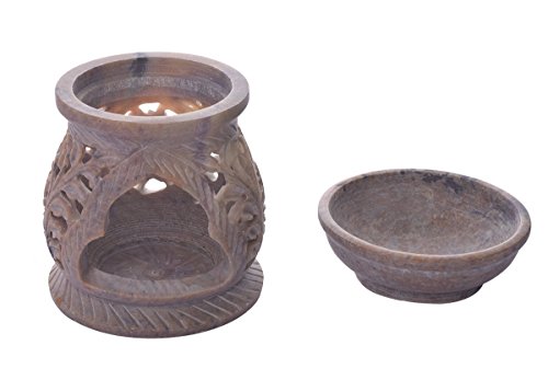 Essential Oil Burner Warmer Natural Soapstone Aroma Diffuser With Votive Tea Light Holder Floral Brown #TOP3