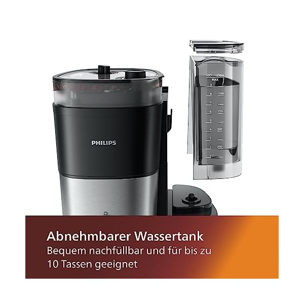 PHILIPS All-in-1 Filterkaffeemaschine - integriertes Kegelmahlwerk für frisch gemahlenen Kaffee - Duo-Bohnenbehälter, 1,25-L-Glaskanne, individuelle Einstellung der Intensität (HD7900/50) – Bild 4