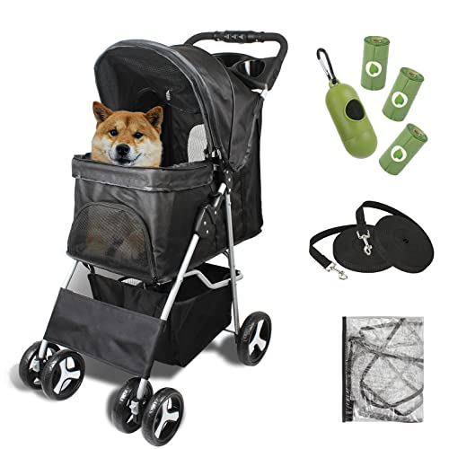 Passeggino pieghevole per animali domestici, passeggino da viaggio con cesto portaoggetti, copertura antipioggia e portabicchieri, 4 ruote bloccabili per cani e gatti di piccola taglia media (nero)