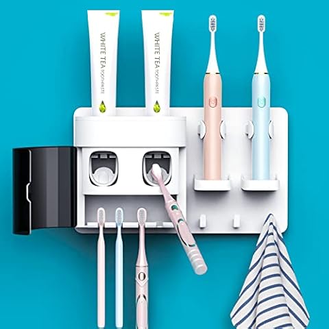 automatischer Zahnpasta-Spender, DENSAIL Zahnbürstenhalter zur Wandmontage mit staubdichter Abdeckung und 2 Zahnpasta-Quetscher, 2 elektrische Zahnbürstenhalter und 4 Zahnbürsten-Organizer-Schlitze Cover