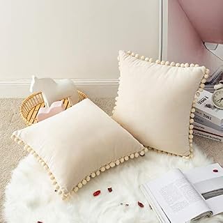 MIULEE Pack of 2 Velvet Cushion Covers Soft Square with Pompoms Decorative Throw Pillowcases Home for Livingroom Sofa Bedroom 20 x 20 Inch 50x 50 cm Cream