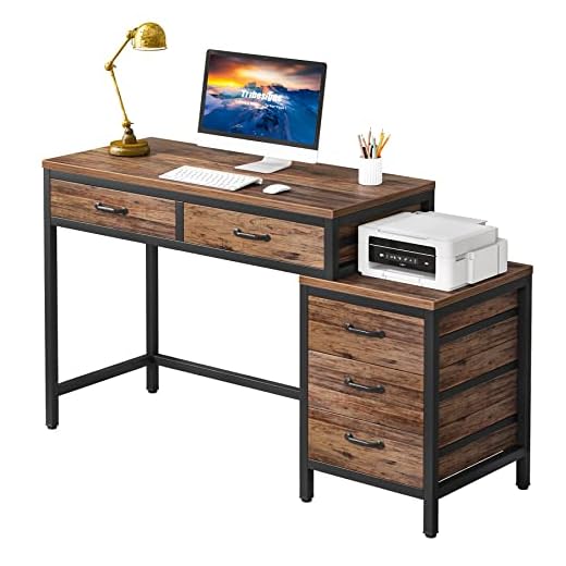 Tribesigns Computer Desk with 5 Drawers, Home Office Desks with Reversible File Drawer Cabinet Printer Stand, Industrial PC Desk with Storage, Rustic Study Writing Table Workstation for Small Spaces
