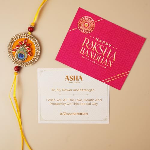 Image of ASHA SWEETS Rakhi Celebration Combo Pack with Premium Baklava Tin Box (430gm), 1 Handmade Rakhi & Wish Card Set for Gifting to Brother & Sister |Premium Raksha Bandhan Festive Gift Box for Family & Friends & Pets