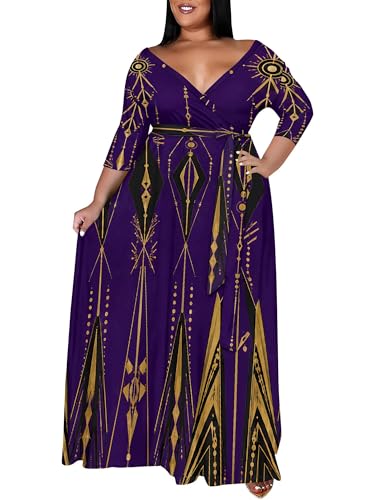 Image of PinkPatty Women's Plus Size Maxi Dress Print 3 /4 Sleeves V Neck Party Sundress Wedding Guest Dresses