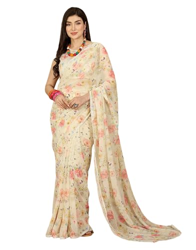Image of SIRIL Women's Georgette Floral Printed Saree with Unstitched Blouse Piece