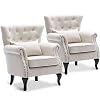 Accent Reading Arm Chairs Set of 2 for Living Room Bedroom Midcentury Modern Comfy Corner Sofa Chair Wingback Waiting Room Club Chair with Button Tufted Back Lumbar Pillow Linen Beige