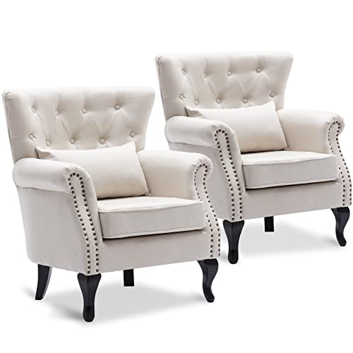 Accent-Reading-Arm-Chairs-Set-of-2-for-Living-Room-Bedroom-Midcentury-Modern-Comfy-Corner-Sofa-Chair-Wingback-Waiting-Room-Club-Chair-with-Button-Tufted-Back-Lumbar-Pillow-Linen-Beige Accent Reading Arm Chairs Set of 2 for Living Room Bedroom Midcentury Modern Comfy Corner Sofa Chair Wingback Waiting Room Club Chair with Button Tufted Back Lumbar Pillow Linen Beige