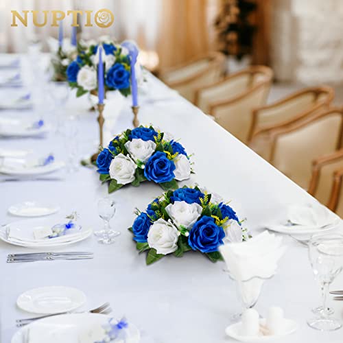 NUPTIO Artificial Flower Ball Centrepieces: 2 Pcs Royal Blue & White Fake Flowers Roses Balls 24cm Diameter for Centerpiece Faux Silk Rose Arrangements for Wedding Reception Party Table Decorations - Image 3