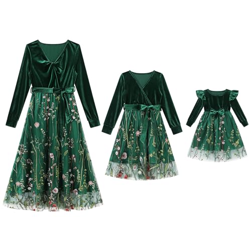 Mommy and Me Christmas Dresses Long Sleeve Floral Embroidered Layered Tulle Velvet Ruffle Dress with Belt Fall Winter Xmas Holiday Mom Daughter Matching Outfits Photoshoot Dark Green 12-18 Months