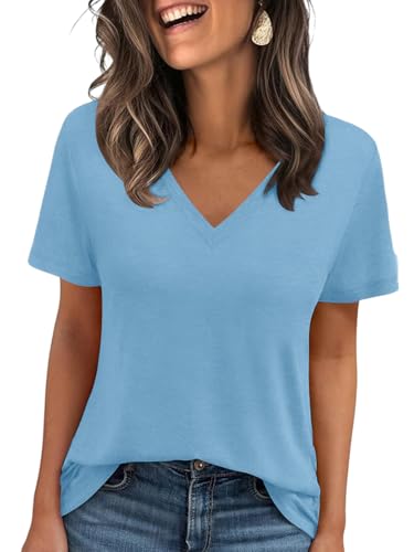 Cuptacc T-shirt d'été basique pour femme - Col en V - Manches courtes - Couleur unie - Décontracté, bleu ciel, M