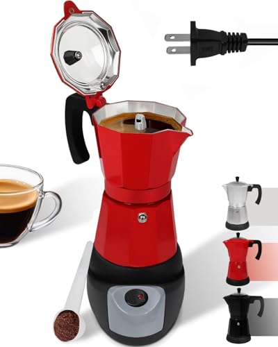 Belly Moka Electric Moka Pot with Detachable Base Aluminum Espresso Maker 10oz 6 Cup 300ml Red Italian Coffee Maker for Kitchen Home 110V