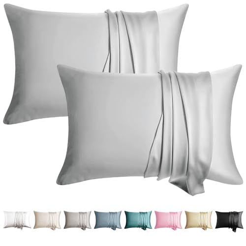 Image of 100% Silk Pillowcase for Hair and Skin Toddler Size 2 Pack Mulberry Silk Pillow Case 13 x 18 Inches Highest 6A Silk Kids /Travel Pillow Cover Soft Breathable Cooling Hidden Zipper, Light Grey