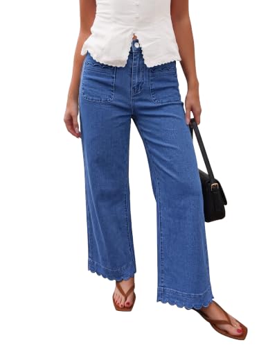 GRAPENT Jeans for Women Scalloped Straight Leg Ankle Stretchy Denim Pants - image 1