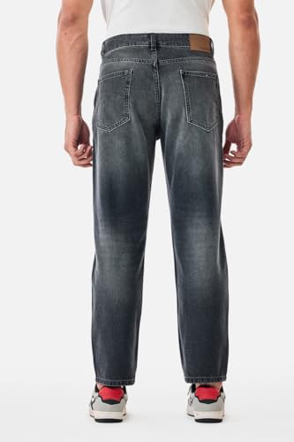 Image of SNITCH Men Casual Jeans | Relaxed Fit Straight Leg Washed Pattern & Drawstring Closure | 100% Cotton Denim Fabric for All Day Comfort & Everyday Wear