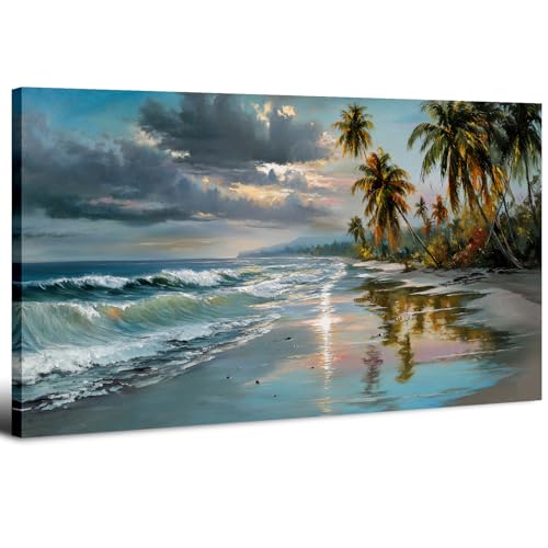 AIYISU Tableau Plage Tropicale sur Toile 20x40in Impression sur Toile Paysage Côtier Palmiers Tableau Decoration Murale Océan Coucher du Soleil Tableau Toile Paysage...