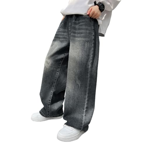 Tween Boys Black Baggy Jeans Elastic Waistband Straight Leg Denim Pants with Alphabet Embroidery Seal2