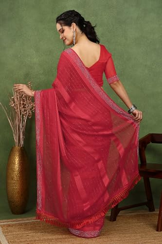 Image of MIRCHI FASHION Saree for Woman Georgette Solid with Satin Stripes | Stone Border Farewell and Ceremonial Sari with Blouse Piece