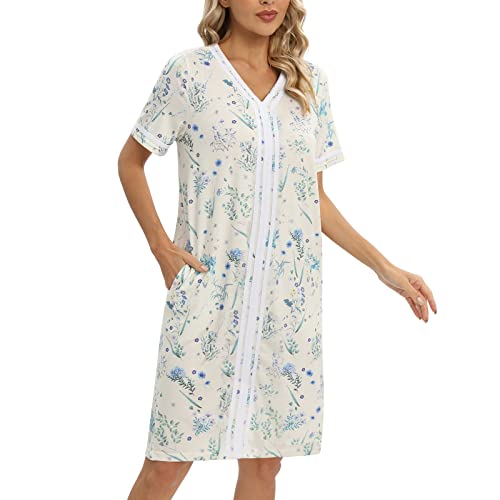 Nightgowns For Women V Neck Short Sleeve Sleepwear Casual Nightdress Summer Print Loungewear With Pockets #TOP1