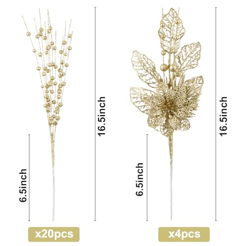 CristBest 24 Pack Christmas Tree Ornaments - Artificial Flowers Glitter Berry Stems Christmas Floral Picks Branches for Xmas Tree Decorations Vase Filler Holiday Wedding Party Home Decor (Gold) - image 2
