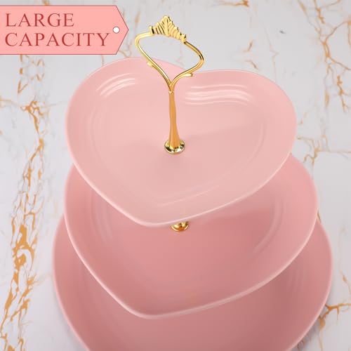 Layhit 1 Pack Wedding 3 Tier Cupcake Stand Heart Shaped 3 Tiered Serving Trays for Party Plastic Tray Dessert Cupcake Stand for Tea Party Baby Shower Wedding (Pink) by Layhit - Image 2