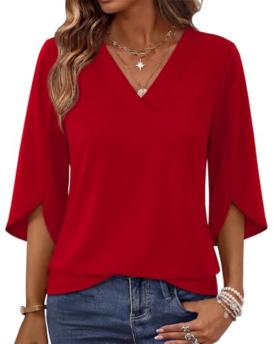 WIHOLL Womens Tops 3/4 Length Sleeve Business Casual Blouses for Women V Neck Summer Outfits Date Night Beach Vacation Clothes Red XL