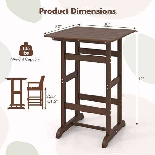 Image of Giantex 42 inch Height Outdoor Tall Bar Table, HDPE Square Pub Tables with Wood Grains, High Top, Cocktail Bistro Table for Adirondack Chairs, Patio, Garden, Poolside, Yard, Balcony, Brown