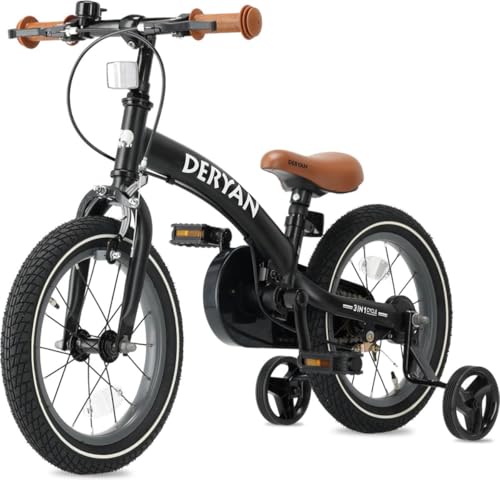 Deryan Luxus Kinderfahrrad 14 Zoll | 3 in 1 Laufrad | Fahrrad mit Verstellbarem Sattel und Lenker | Kinder Fahrrad für Jungen und Mädchen | Schwarz
