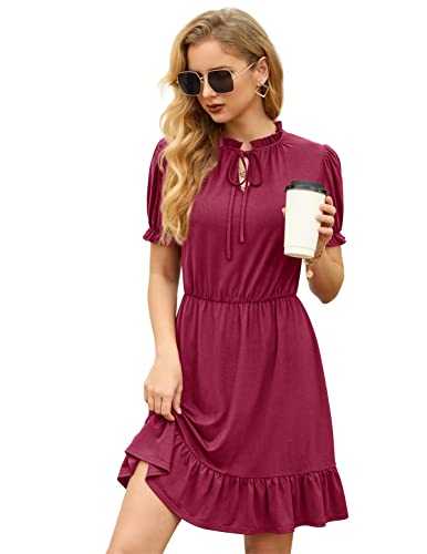 Grecerelle Women Casual Summer Dress Tie Neck Ruffle Short Sleeve High Waist A-Line Mini Dress(Wine Red, Large) #TOP2