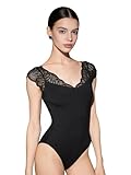Dons Girl 1pc Women's V-Neck Lace Sleeve Dance Leotard, Sexy Lace Patchwork Slim Fit Unitard