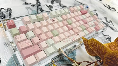 Image of Peach Blossom Keycaps Side Print Custom Cherry Profile PBT Shine Through Keycaps Pink Green 128 Keys for Mechanical Keyboards 60% 65% 75% Backlit Key Caps