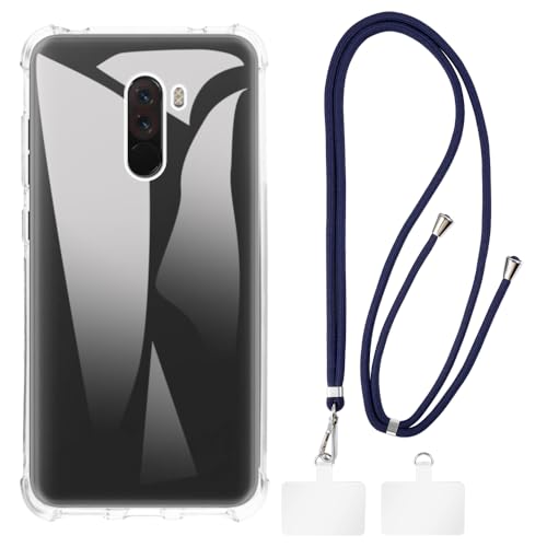 Shantime Funda y Correa Cruzada Compatible con Xiaomi Poco F1 Funda para Teléfono y Cinta de Cuello Ajustable con Hebillas Metálicas y 2 Parches(Claro + Azul)