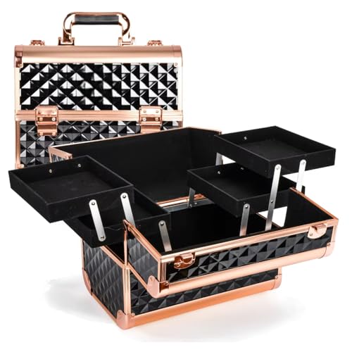 Image of Adson Professional Makeup Box Cosmetics Case Jewelry Organiser Vanity Make Up Storage Box Beauty Train Case Lockable with Keys (Metallic Rose Gold)