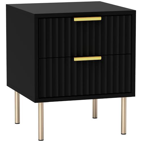 HOMCOM Table de Chevet, Table de Nuit cannelée avec 2 tiroirs et Pieds en Acier, Table d'appoint pour Chambre à Coucher, Salon, dim. 40 x 39 x 48 cm, Noir