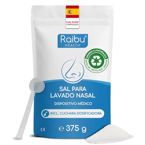 Sal para Lavado Nasal Raibu para ducha nasal, 150 porciones - 375 g en lata XXL sostenible que incluye cuchara dosificadora - Sal nasal vegana fabricada en Europa - Sal para enjuague nasal