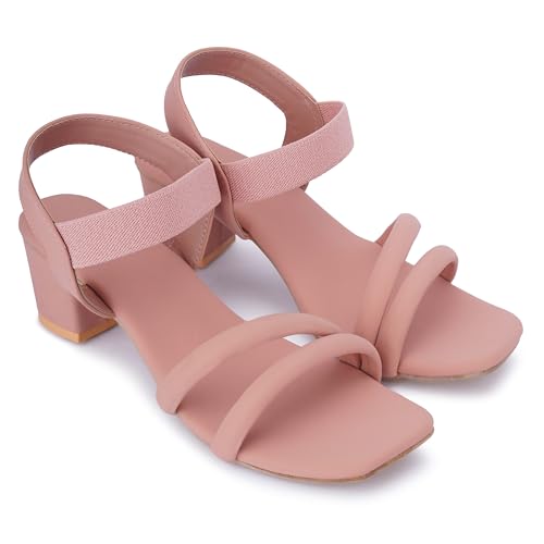 Image of SKOLL Women's Low Block Heel Strappy Sandals, Comfort Elastic Ankle Strap Open Toe Heeled Sandals, Casual Dressy Walking Sandals with Dual Front Straps