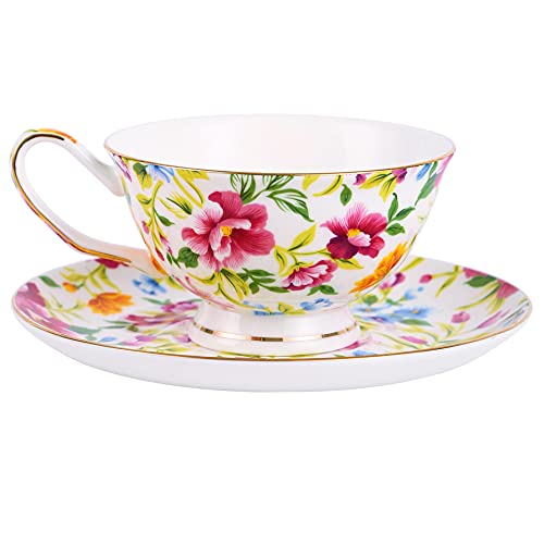 Pmning Tea Cup And Saucer Set Royal Garden Style Tea Coffee Cup With Saucer 7 Ounces Bone China Teacup And Saucer Set(White) #TOP1