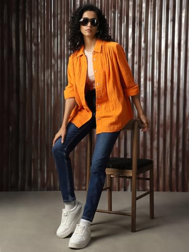 Image of High Star Women Cotton Solid Oversized Fit Casual Collar Full Sleeves Shirts