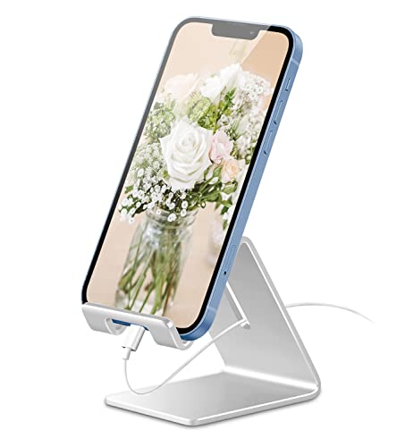 ToBeoneer Desktop Cell Phone Stand Holder, Aluminum Solid Portable Universal Desk Stand for iPhone 16 15 14 13 12 11 X 8 7 6 Plus 5 Ipad 2 3 4 Mini Samsung Huawei All Mobile Smart Phone, Silver