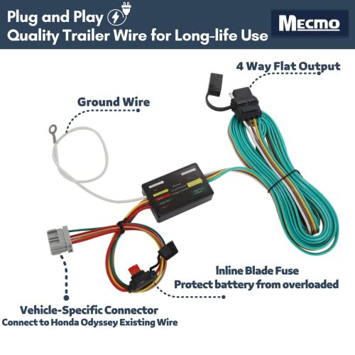 Mecmo Trailer Wiring Harness For 2005-2010 Honda Odyssey 4-Way Flat Hitch Wire Trailer Light Hook Up, Plug-In Simple T-Connector Vehicle Side Towing Harness #TOP1