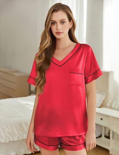 Image of Silk Pajamas for Women Short Sleeve Satin 2 Piece Pj Set Soft V Neck Sleepwear Loungewear, S-XXL