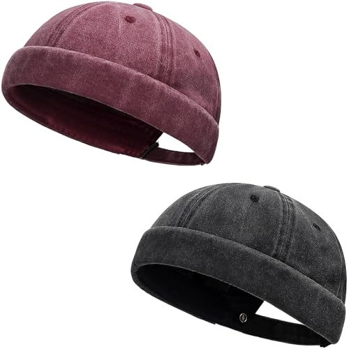 Initlove Docker Cappello da uomo vintage senza tesa marinaio cappello Beanie Cap, nero + rosso vino, Taglia unica