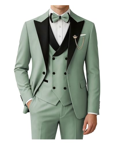 SPTALLFITJSV Men's 3 Piece Suit Sage Green Tuxedo with Bow Tie,Large