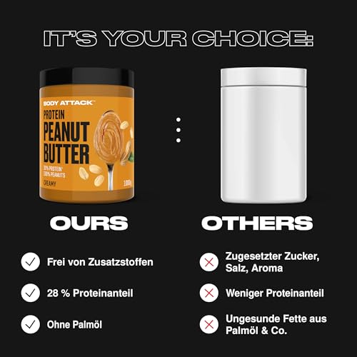 Body Attack Peanut Butter Creamy, 1kg - Erdnussbutter 30% Protein ohne Zuckerzusatz, vegan, ohne palmöl