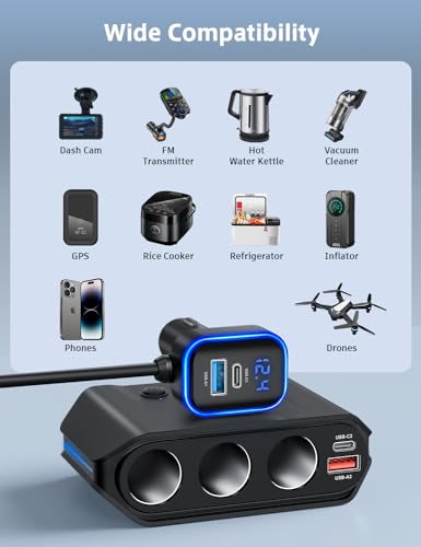 7 in 1 Cigarette Lighter Splitter, 180W [Dual PD & QC 3.0] Car Charger Adapter, 12V/24V Car USB Adapter Multi Socket with Voltmeter Fast Charging for iPhone 17/16/15 Samsung Galaxy Laptop Car Devices - Image 5