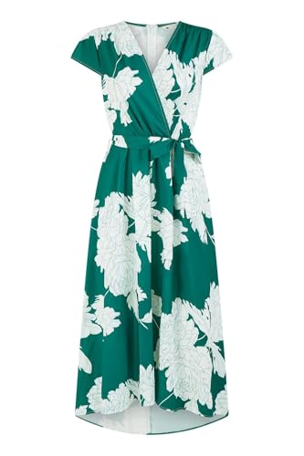 Yumi Green Floral Print Wrap Midi Dress, Short Sleeves, Dipped Hem, 119cm Length (UK, Numeric, 12, Regular, Regular, Green)