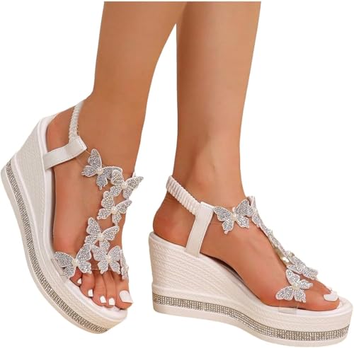 Women's High Heel Wedge Sandals Platform Fashionable Butterfly Decoration Rhinestones Cute Slides Sandals Platform Elastic Strap Boho Summer Beach4