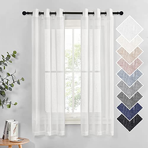 NICETOWN Linen Sheer Curtains Flax Texture for Bedroom Windows, Grommet Semi Sheer Vertical Drapes Privacy with Light Filter for Nursery, White, 36" Wide by 63" Long, 2 Pieces