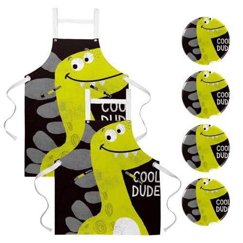 Lot de 2 tabliers de cuisine dinosaure mignon multicolore avec 4 broches