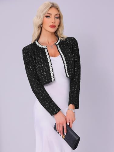 Allegra K Tweed Cropped Jackets for Women's Long Sleeve Open Front Elegant Work Office Short Jacket4