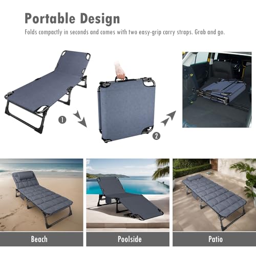 ATORPOK SHOP Foldable Sun Lounger with 4-Position Adjustable Backrest, Portable Multi-Use Camping Bed & Reclining Chaise Chair for Garden/Beach/Pool/Patio, Includes Padded Mattress & Pillow - Blue - Image 5